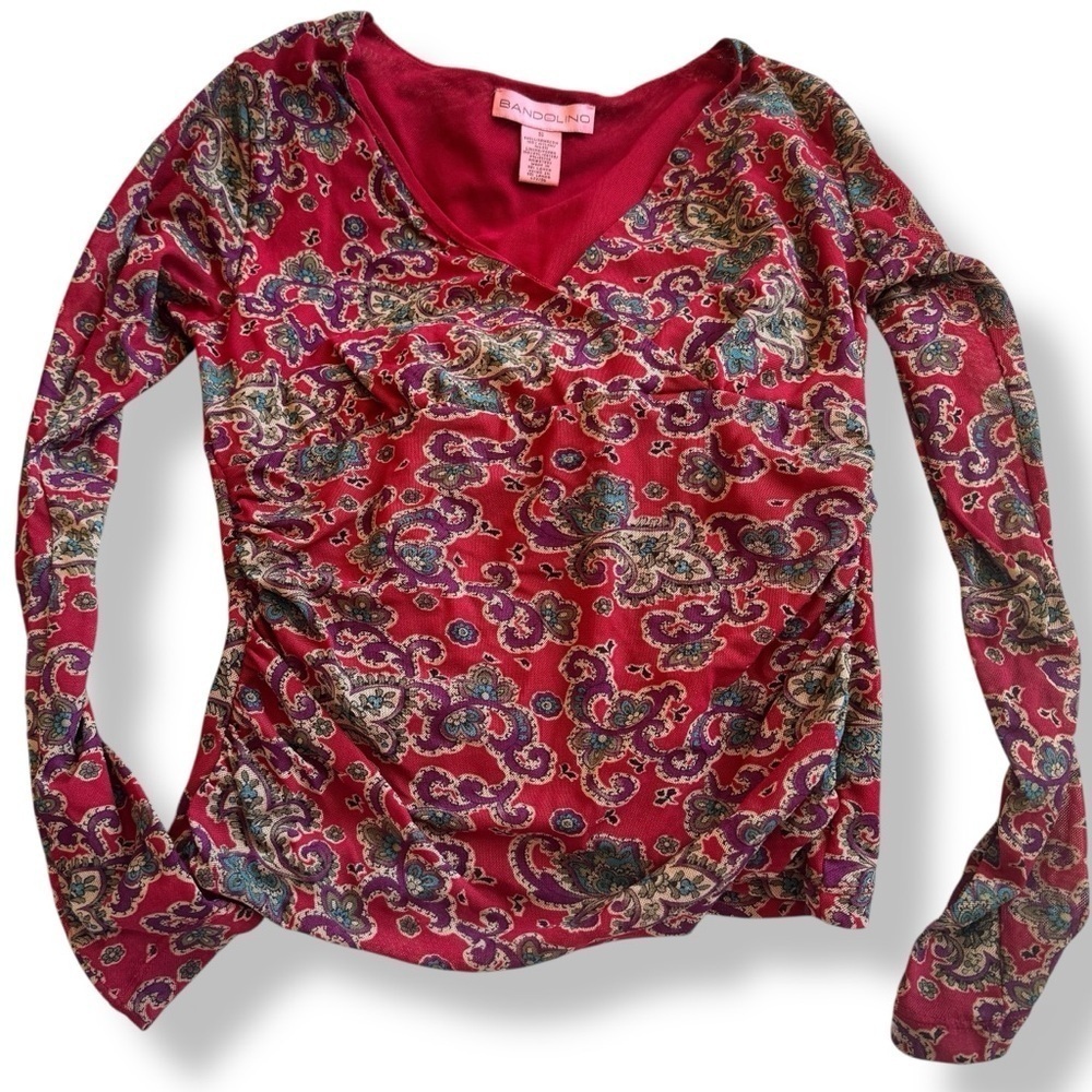 90s Y2K mesh layered longsleeve top bandolino size S paisley red burgundy phoebe